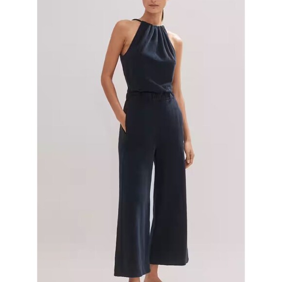 ME+EM Women's Towelling Halterneck Jumpsuit Navy Terry Cloth Wide Leg Size 6 - Picture 1 of 12